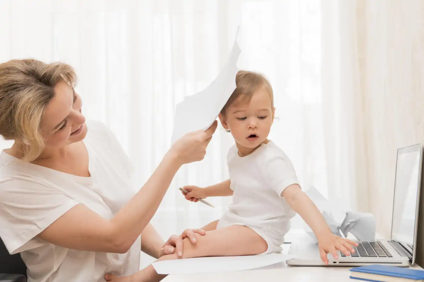 mid shot mother hiding baby papers